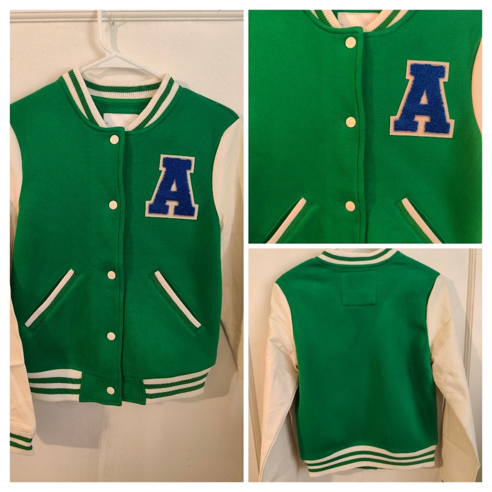 Old School women's college bomber jacket color green ivory new with tags